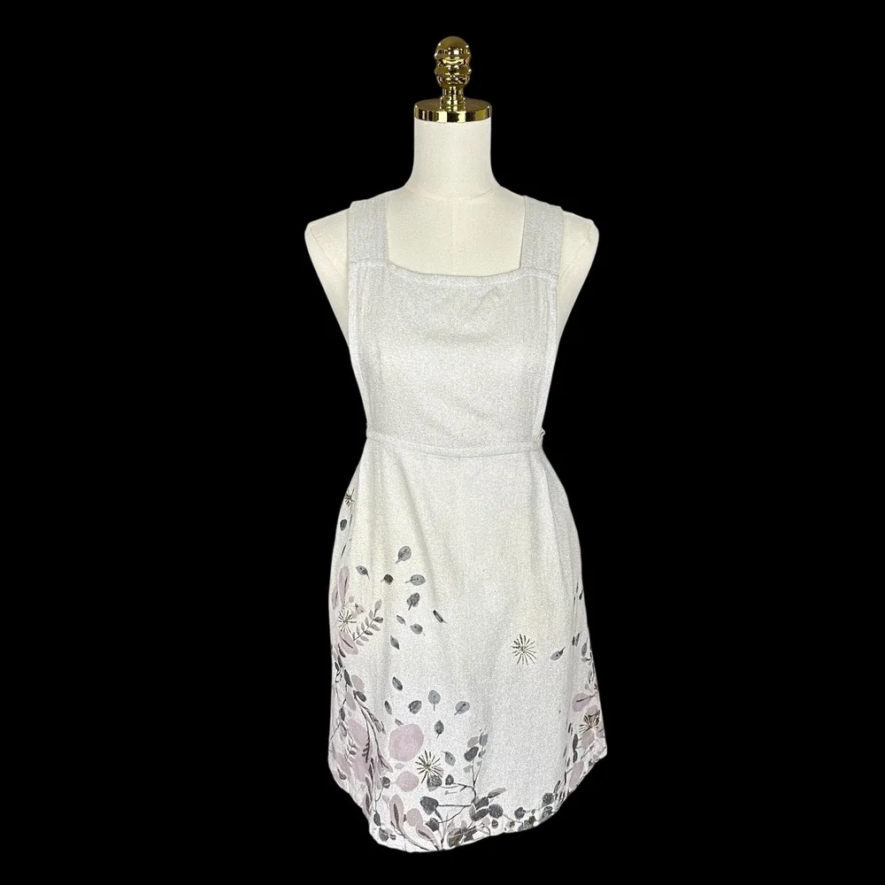 Anthropologie Silver‎ Metallic Botanical Floral Cross Back Kitchen Apron Purple